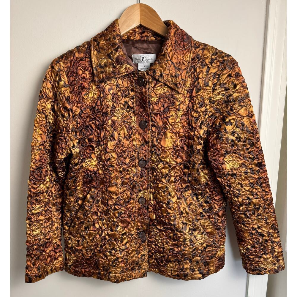 Vintage Once Again Blazer Womens M textured Quilted Tapestry Gold Brown Button